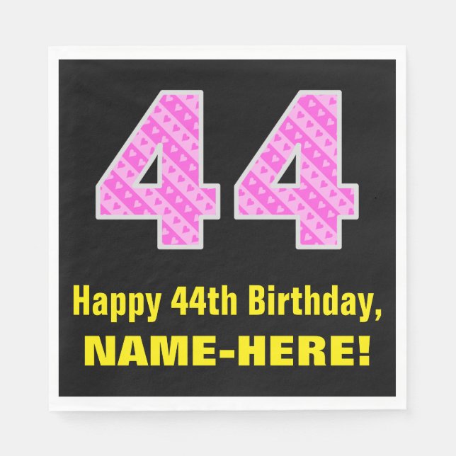44th Birthday: Pink Stripes and Hearts "44" + Name Napkin (Front)