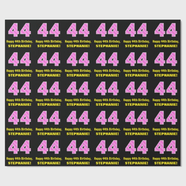 44th Birthday: Pink Stripes and Hearts "44" + Name Wrapping Paper (Flat)