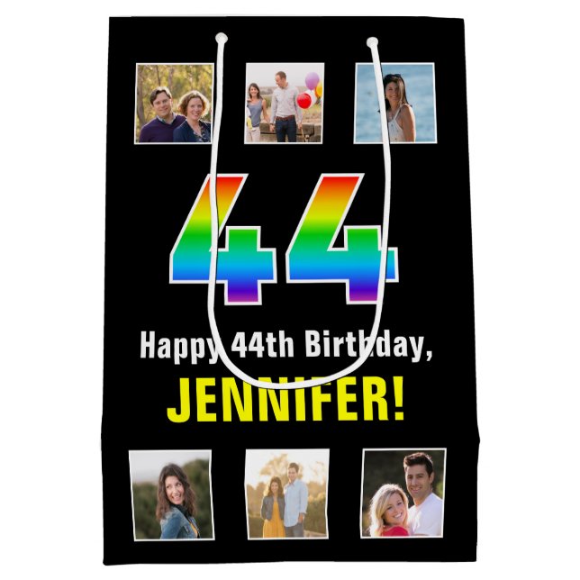 44th Birthday: Rainbow “44“, Custom Photos & Name Medium Gift Bag (Back)