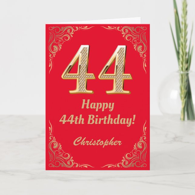 44th Birthday Red and Gold Glitter Frame Card (Front)