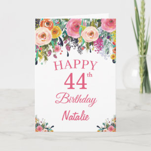 44th Birthday Watercolor Floral Flowers Pink Card