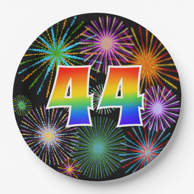 44th Event - Fun, Colourful, Bold, Rainbow 44 Paper Plate (Front)