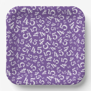 45 Random Number Pattern Purple/White Paper Plates