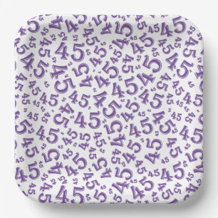 45 Random Number Pattern Purple/White Paper Plates