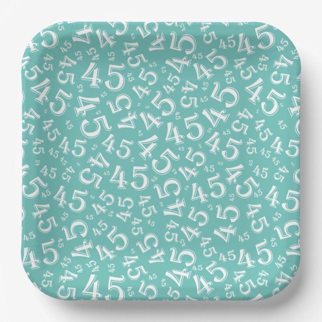 45 Random Number Pattern Teal/White Paper Plates (Front)