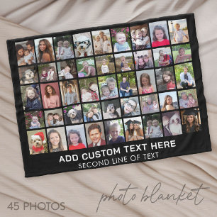 45 Square Photo Collage Grid with Text - black Fleece Blanket