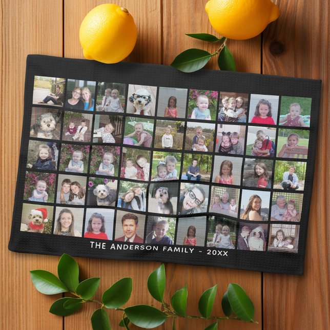 45 Square Photo Collage Grid with Text - black Kitchen Towel (Personalized kitchen towel with photo collage)