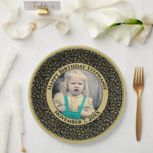 45 Your Photo Random Number Pattern Black/Gold Paper Plate