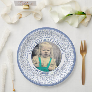 45 Your Photo Random Number Pattern Blue/White Paper Plate