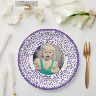 45 Your Photo Random Number Pattern Purple/White Paper Plate