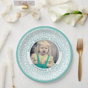 45 Your Photo Random Number Pattern Teal/White Paper Plate
