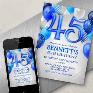 45e anniversaire Ballons Bleus Invitation