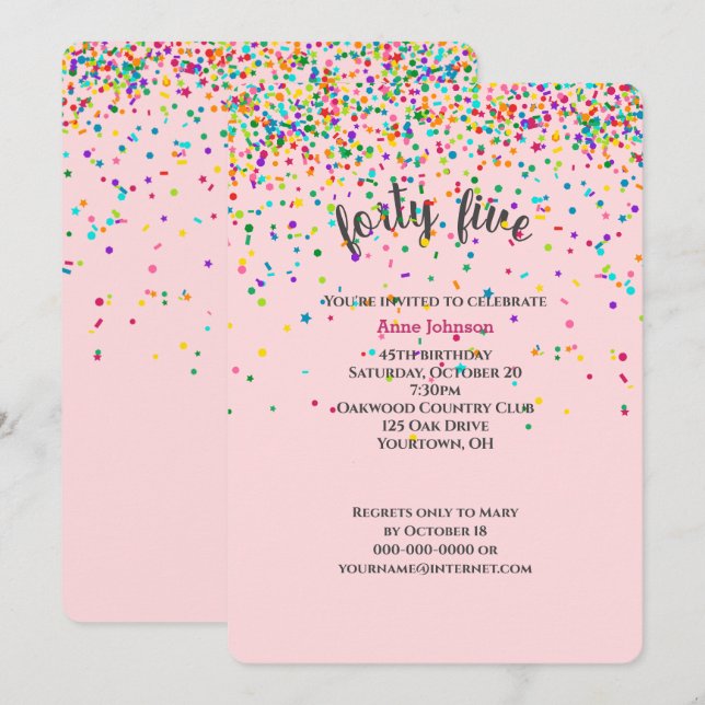 45e anniversaire Fête confetti Invitation (Devant / Derrière)