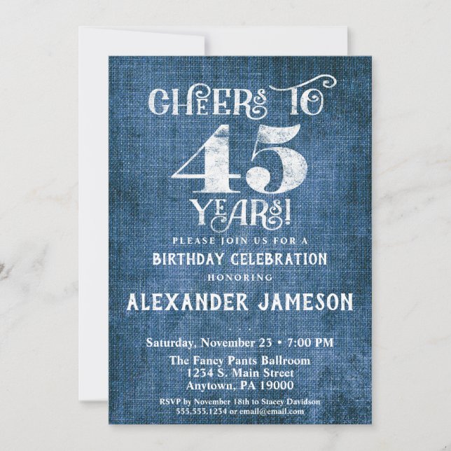 45e anniversaire Invitation Linen Bleu Bravo rusti (Devant)