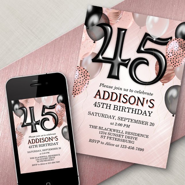 45e anniversaire Rose Gold Ballons Invitation (Créateur téléchargé)