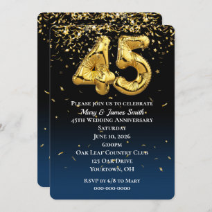 45th Anniversary Gold Balloons & Confetti Invitation