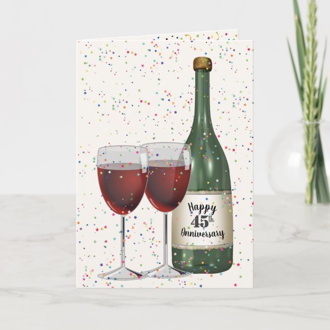 45th Anniversary Party Wine Bottle and Two Glasses Card (Front)