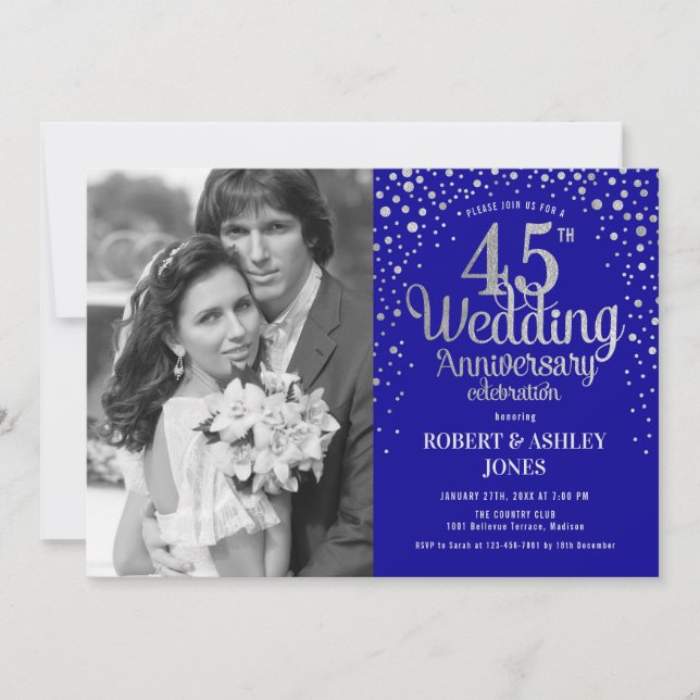 45th Anniversary - Sapphire Blue Silver Photo Invitation (Front)