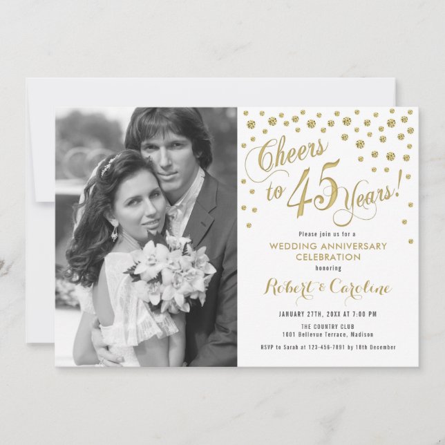 45th Anniversary with Photo - Gold White Invitation (Front)