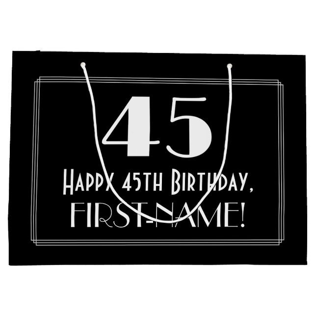 45th Birthday: Art Deco Inspired Style "45", Name Large Gift Bag (Back)