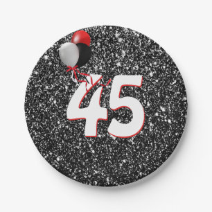 45th Birthday Balloons on Black Glitter Paper Plate
