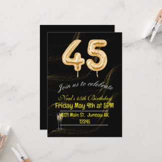 45th Birthday black and gold balloon numbers Invit Invitation