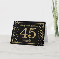 45th Birthday Black and Gold Glitter Confetti Card
