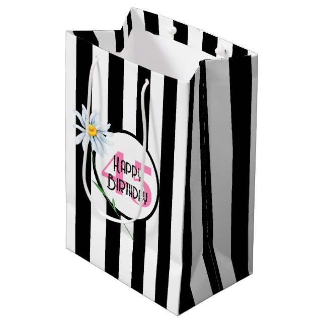 45th Birthday Black And White Stripes Medium Gift Bag (Front Angled)