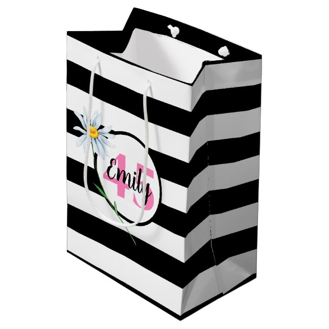 45th Birthday Black And White Stripes Medium Gift Bag (Front Angled)