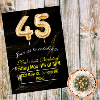 45th Birthday black gold balloon numbers Invite