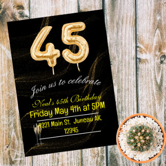 45th Birthday black gold balloon numbers  Magnetic Invitation