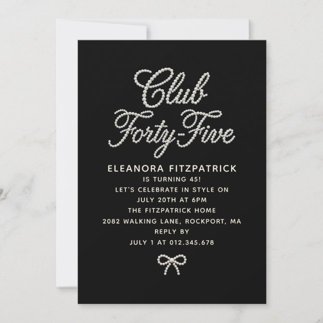 45th Birthday Black White Pearl Script Bow Invitation (Front)