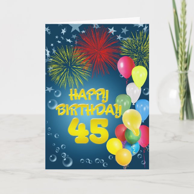 45th Birthday card with fireworks and balloons (Front)