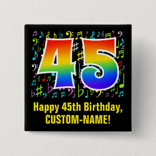 45th Birthday: Colorful Music Symbols, Rainbow 45 2 Inch Square Button