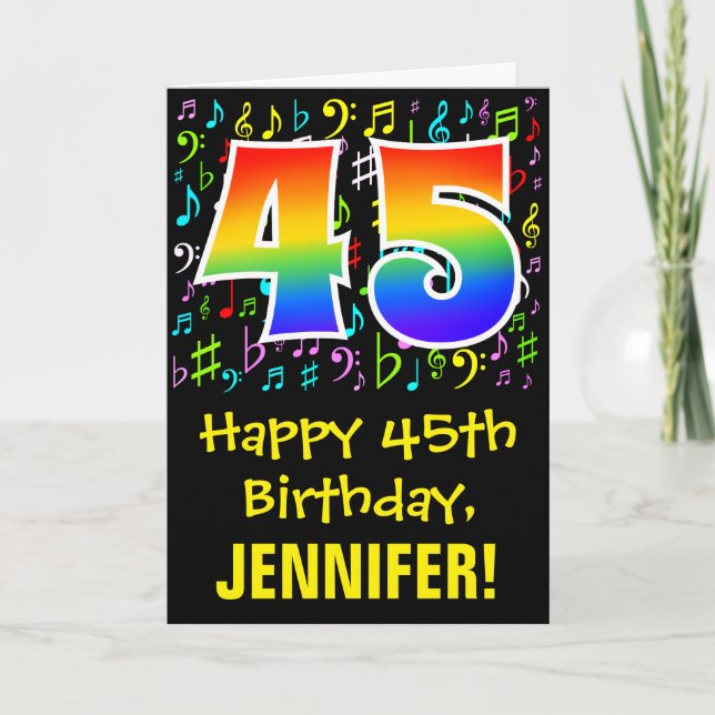 45th Birthday: Colorful Music Symbols + Rainbow 45 Card (Front)
