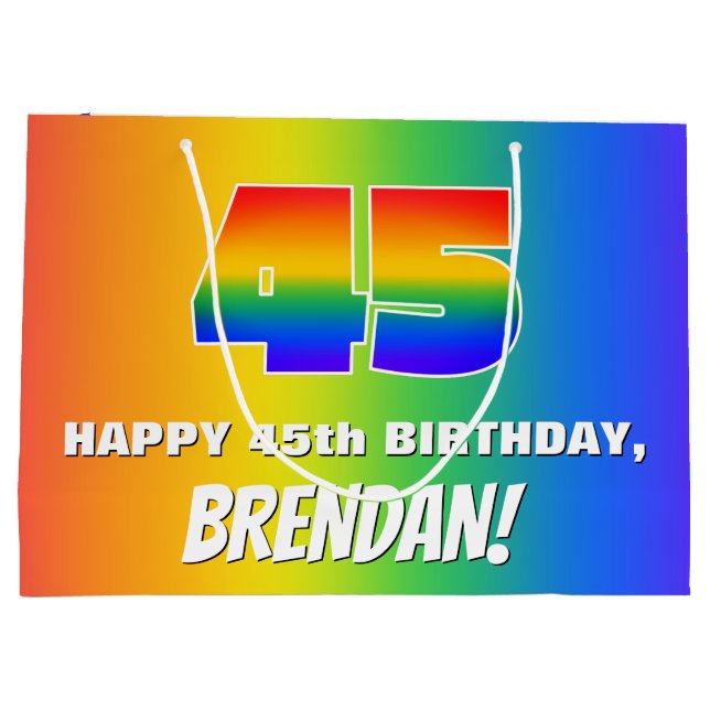 45th Birthday: Colourful, Fun Rainbow Pattern # 45 Large Gift Bag (Back)