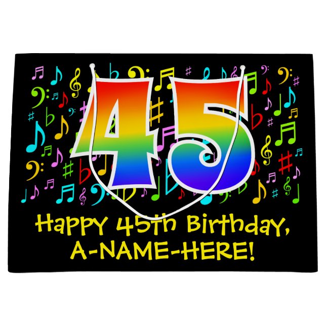 45th Birthday - Colourful Music Symbols, Rainbow 4 Large Gift Bag (Front)