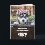 45th Birthday Cute and Funny Husky Dog in Tub Card<br><div class="desc">45th Happy Birthday with cute husky pup in a tub and a funny message too.</div>
