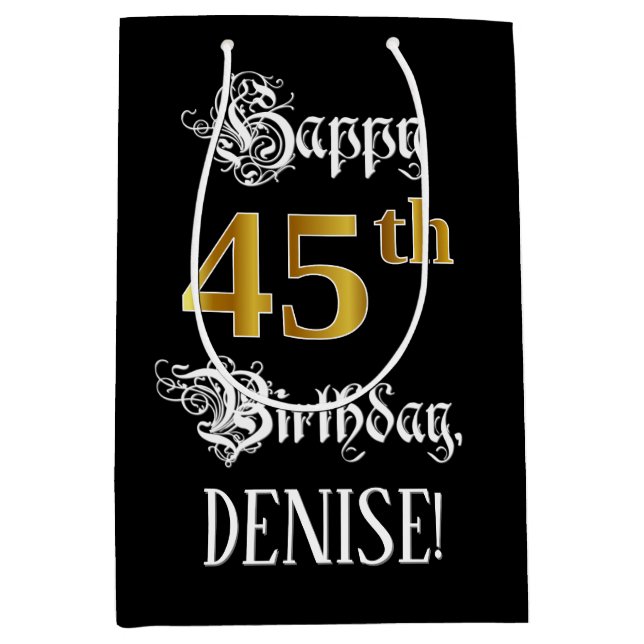 45th Birthday ~ Fancy Script; Faux Gold Look; Name Medium Gift Bag (Front)