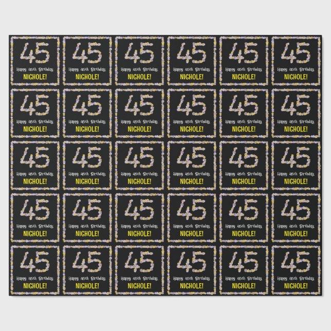 45th Birthday: Floral Flowers Number, Custom Name Wrapping Paper (Seam)