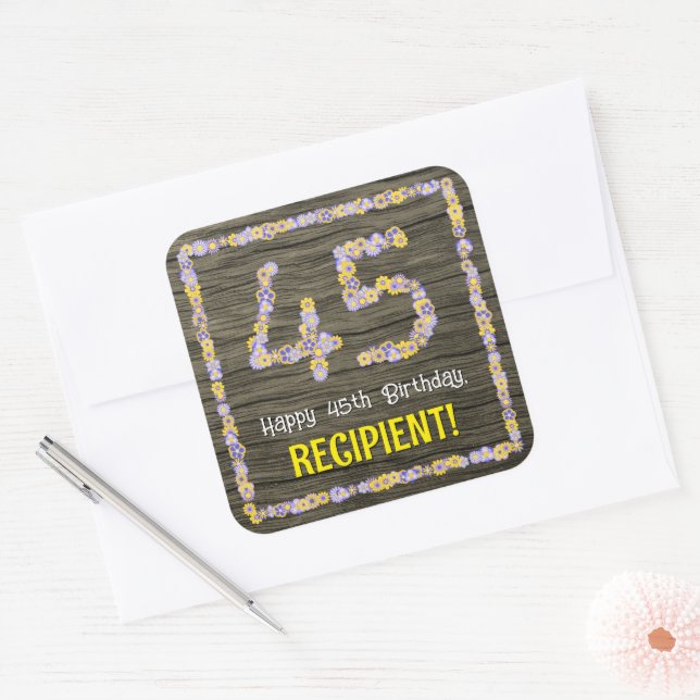 45th Birthday: Floral Number, Faux Wood Look, Name Square Sticker (Envelope)