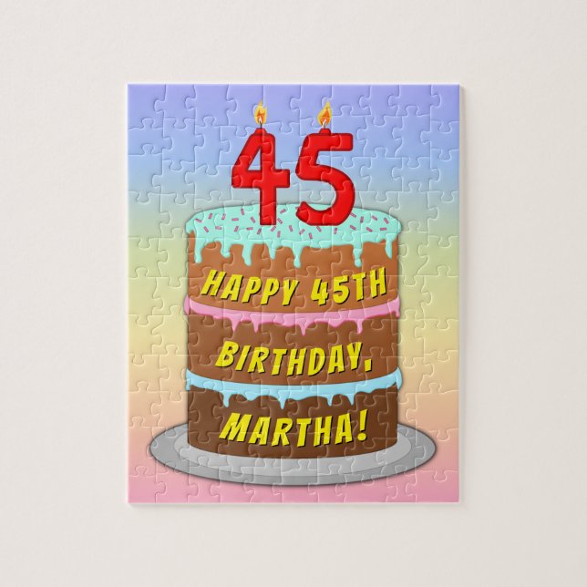 45th Birthday: Fun Cake and Candles + Custom Name Jigsaw Puzzle (Vertical)