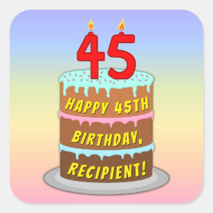 45th Birthday: Fun Cake and Candles + Custom Name Square Sticker