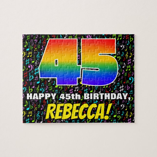 45th Birthday — Fun, Colourful Music Symbols & “45 Jigsaw Puzzle (Horizontal)