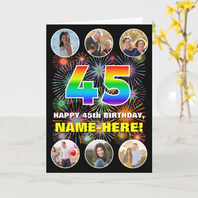 45th Birthday: Fun Rainbow #, Custom Name & Photos Card (Yellow Flower)
