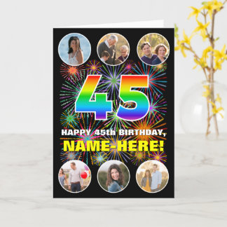 45th Birthday: Fun Rainbow #, Custom Name & Photos Card