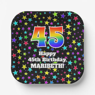 45th Birthday: Fun Stars Pattern and Rainbow “45 Paper Plate