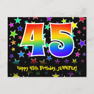 45th Birthday: Fun Stars Pattern, Rainbow 45, Name Postcard