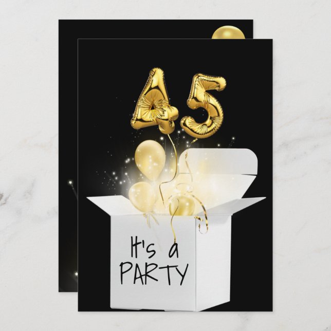 45th Birthday Gold Balloons In White Box   Invitation (Front/Back)