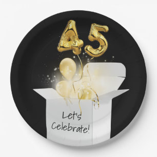 45th Birthday Gold Balloons In White Box     Paper Plate